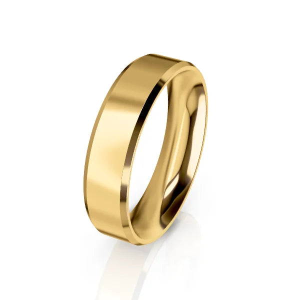 Simple gold wedding band with a flat brushed center and polished beveled edges on a white background.