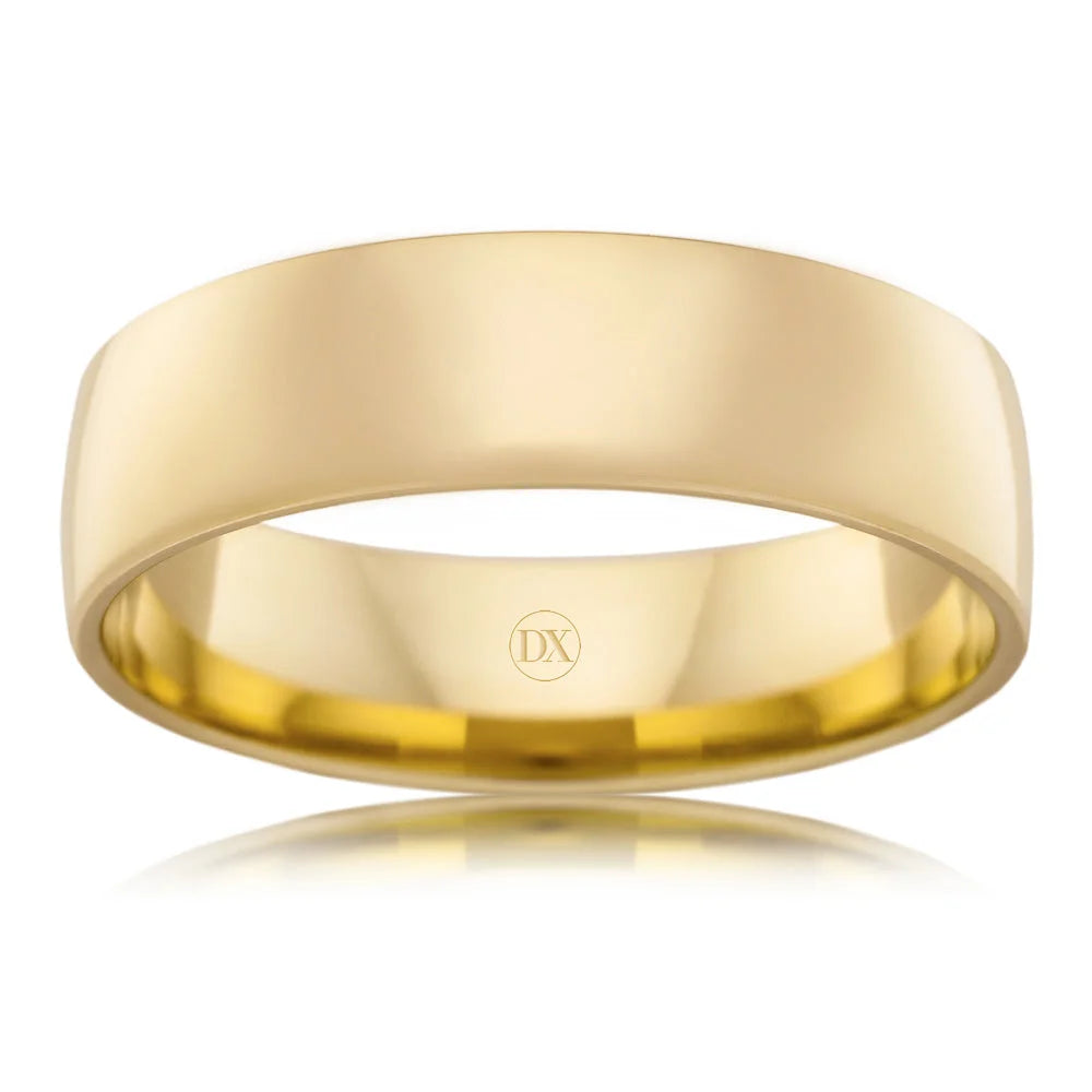 A plain, polished yellow gold ring with a smooth, shiny surface and a slightly rounded edge.