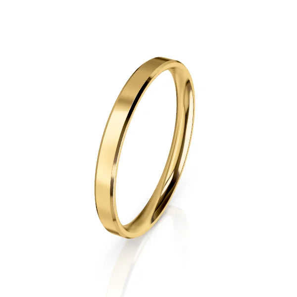 A plain, polished gold band ring is displayed on a white background, slightly tilted upright.