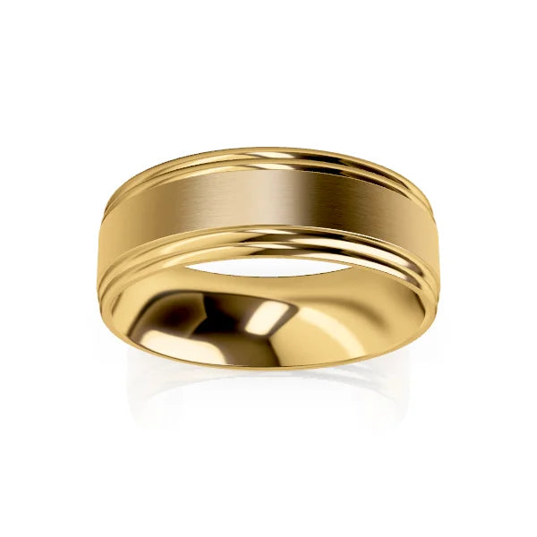 A gold wedding band with a satin center and polished, grooved edges, shown on a white background.