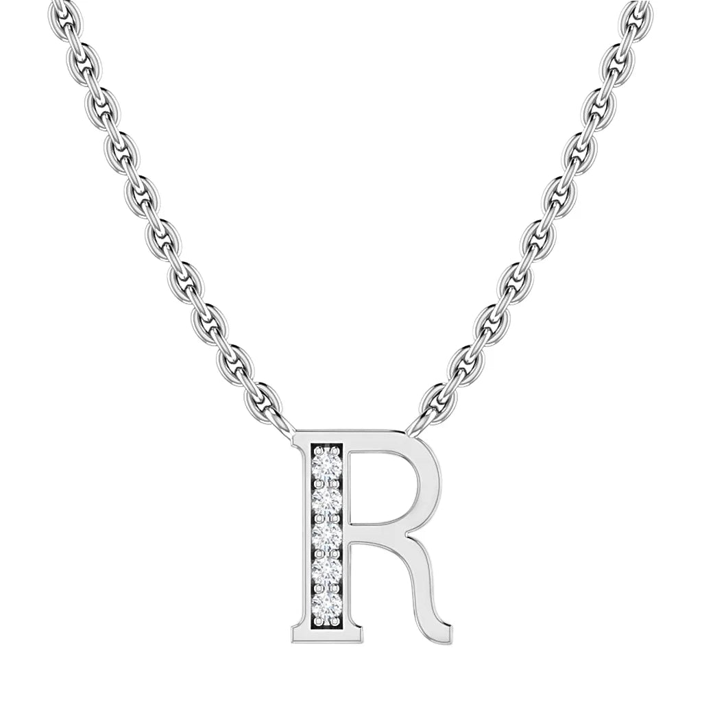 Silver chain necklace with a capital letter R pendant, the left side lined with small diamonds.