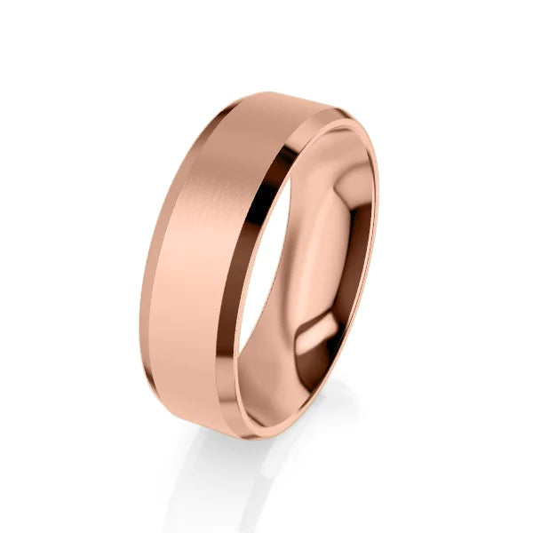 A simple, wide, polished rose gold ring with a slight matte finish, shown on a white background.