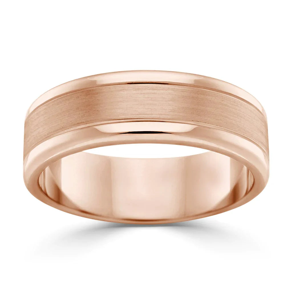 A rose gold men’s wedding band with a brushed center and polished beveled edges, shown on a white background.