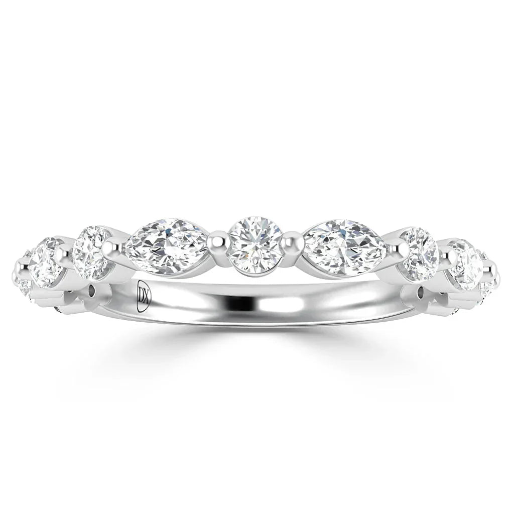 White gold ring featuring alternating round and marquise diamonds set in a continuous pattern around the band.