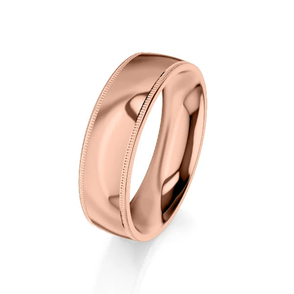 A polished rose gold ring with a smooth surface and subtle milgrain edges, set against a white background.