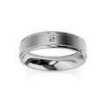 A silver band ring with a single small diamond set in the center against a white background.
