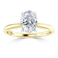 A gold ring with an oval-cut diamond in a four-prong setting, viewed from the front against a white background.