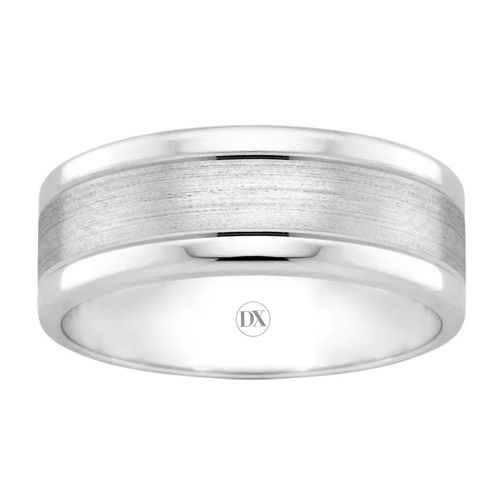 Wide silver ring with a brushed center and polished edges, featuring a small DX engraving inside.