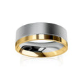 A wide, two-tone ring with a brushed silver top and polished gold band at the base, on a white background.
