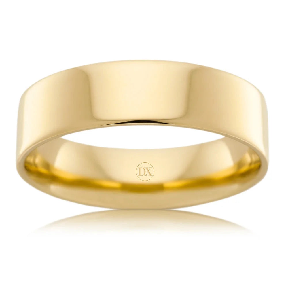 A plain, polished yellow gold wedding band with a smooth surface and a slightly rounded edge.