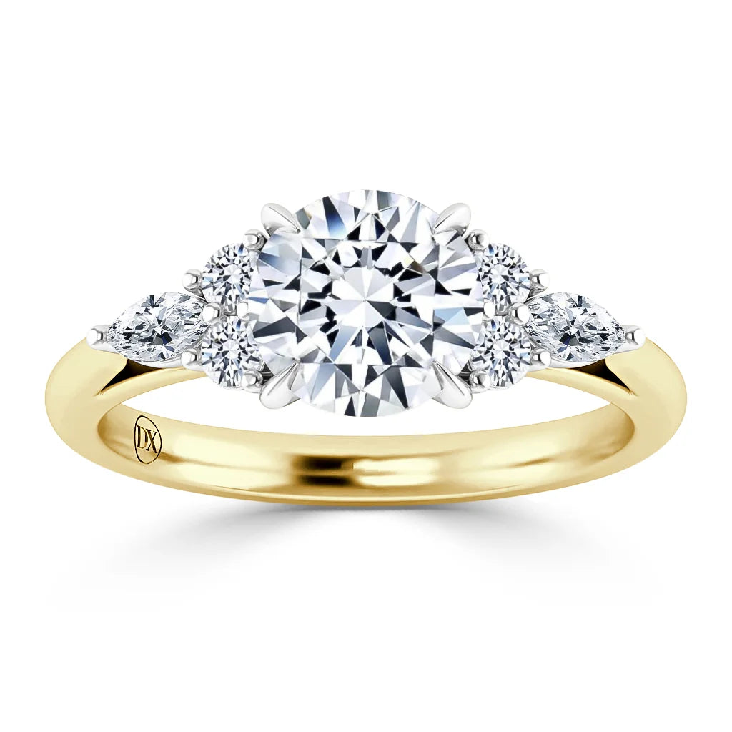 Yellow gold ring with a round center diamond and four smaller side diamonds, displayed on a white background.