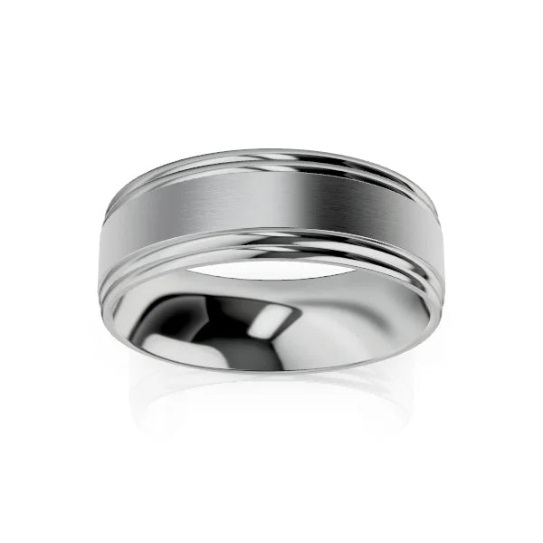 A polished silver ring with a brushed center band and shiny beveled edges, shown on a white background.