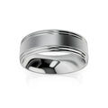 A polished silver ring with a brushed center band and shiny beveled edges, shown on a white background.