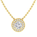 Gold chain necklace with a round diamond pendant surrounded by smaller diamonds in a circular setting.