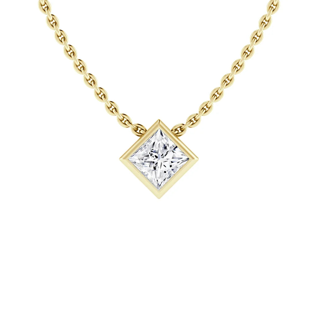 Gold chain necklace with a square-shaped diamond pendant in a bezel setting, on a white background.