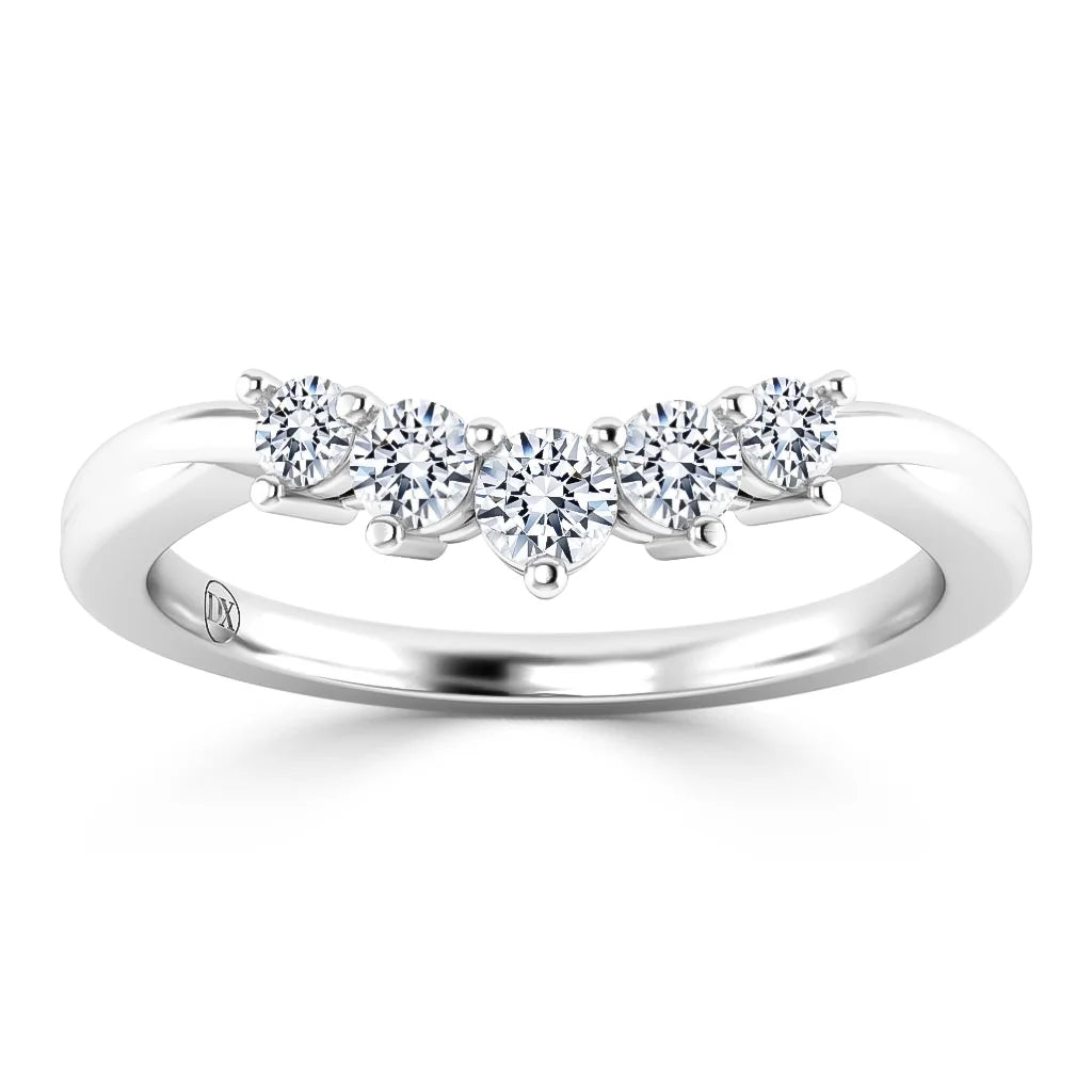 A silver ring with five round, sparkling diamonds set in a row along the band.