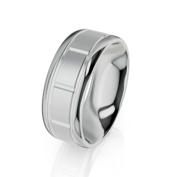 Wide silver ring with a brushed center band and polished beveled edges, shown on a white background.