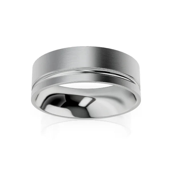 A wide matte silver ring with a subtle polished groove near one edge, shown on a white background.