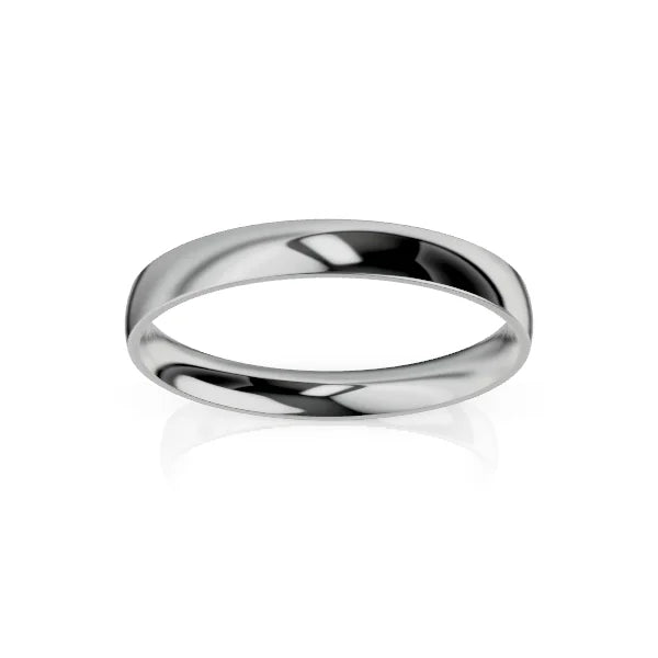 A shiny, plain silver wedding band with a smooth, polished surface on a white background.