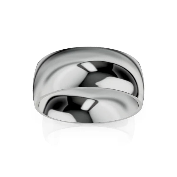A wide, polished silver ring with a smooth, reflective surface set against a plain white background.