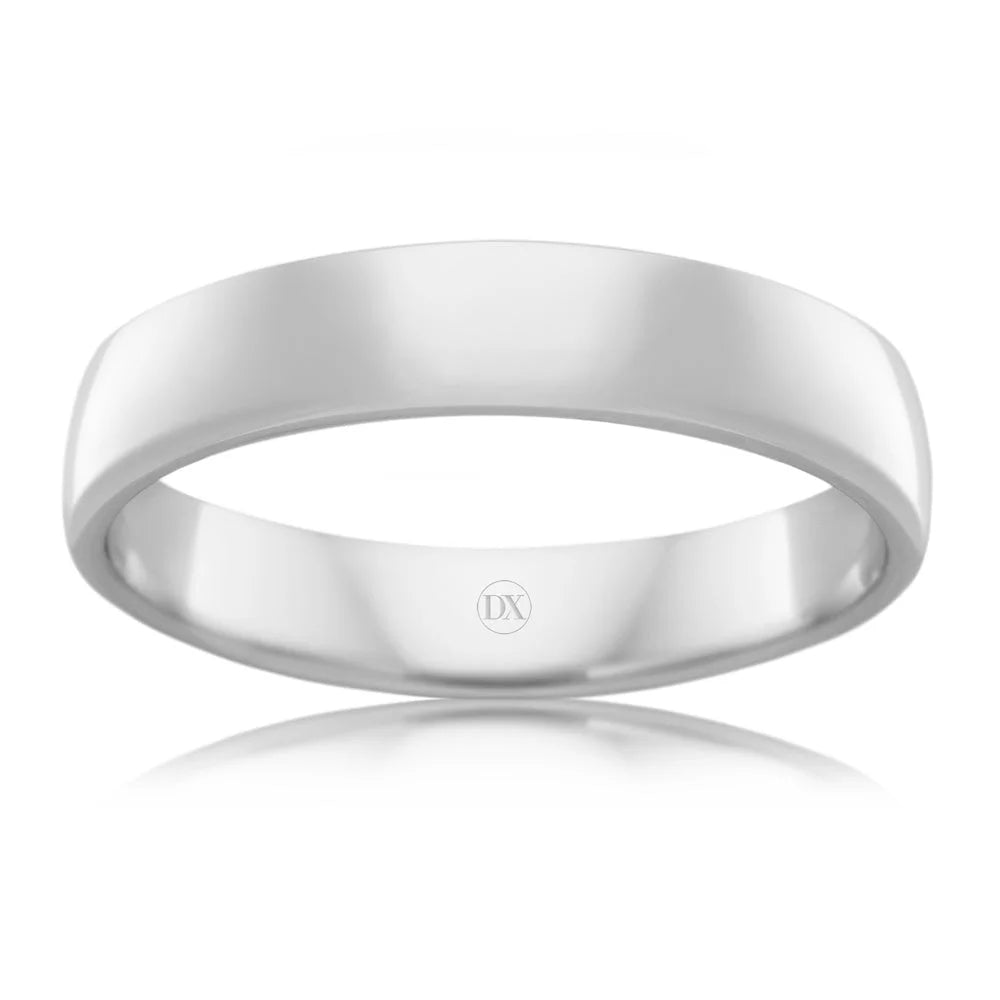 A simple, polished silver band ring with a smooth, shiny finish and a subtle engraving inside.
