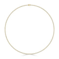 Gold tennis necklace set with evenly spaced small round diamonds, displayed in a circular shape on white background.