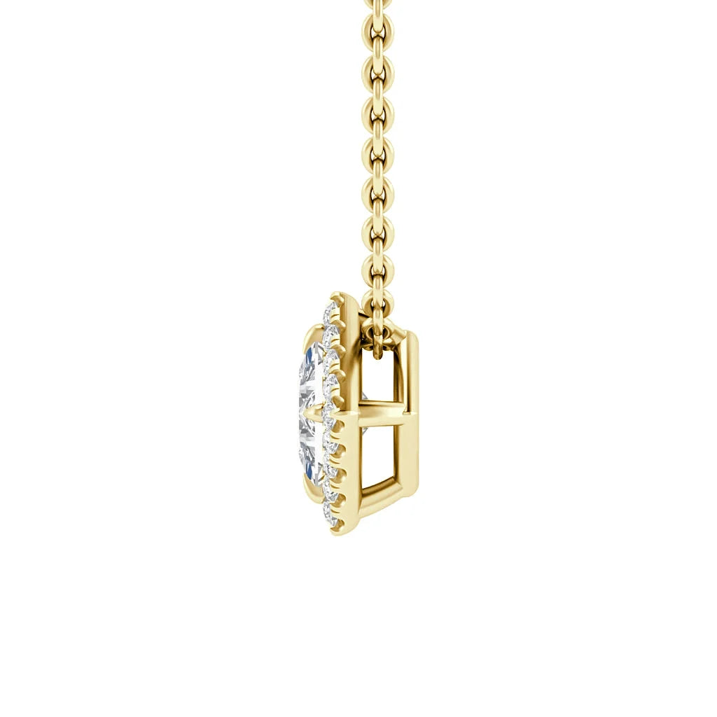 Side view of a gold chain necklace holding a round, halo-set diamond pendant on a white background.