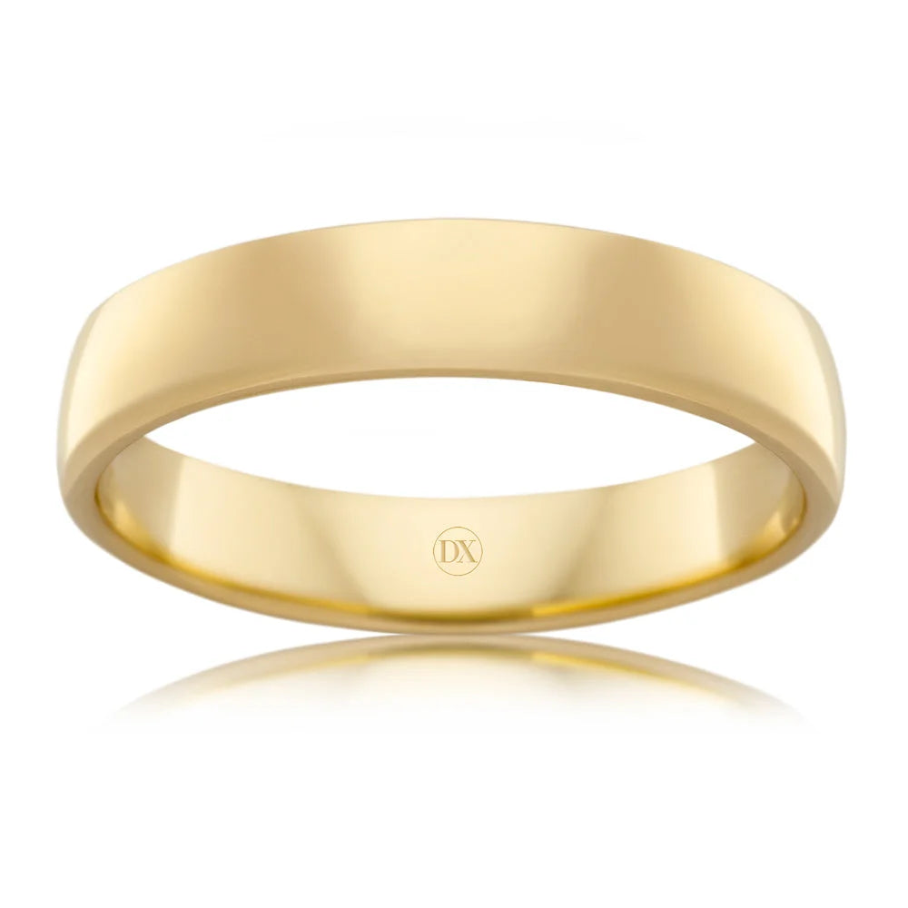 A plain, polished yellow gold ring with a smooth finish, photographed on a white background.