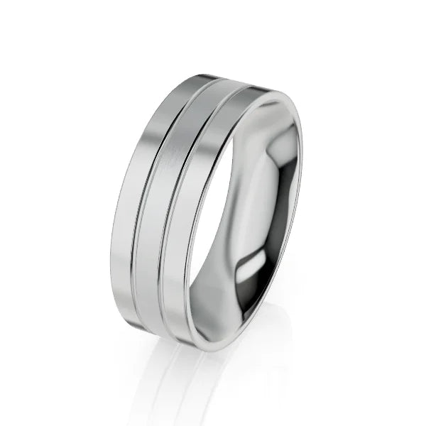 Silver band ring with two parallel grooves around the center, shown on a white background.