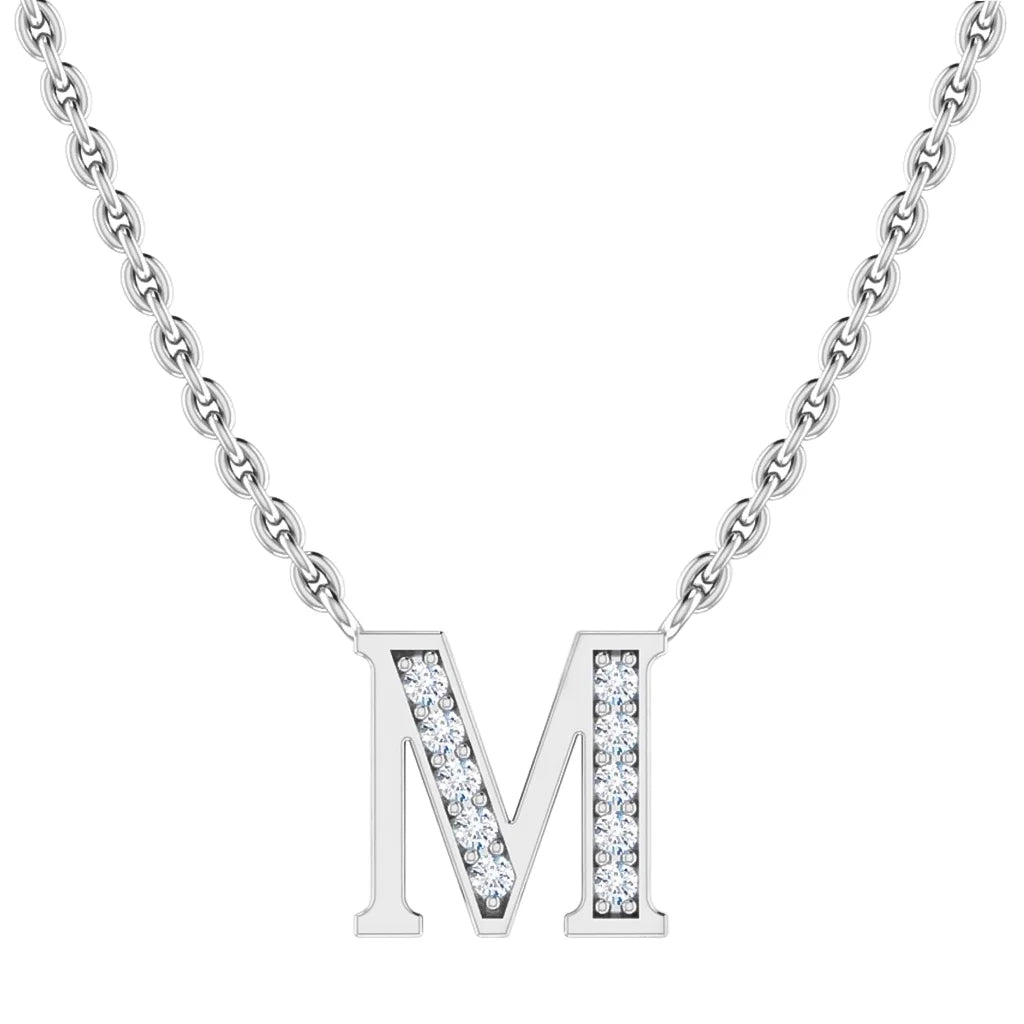 Silver chain necklace with a crystal-studded letter M pendant centered on a white background.