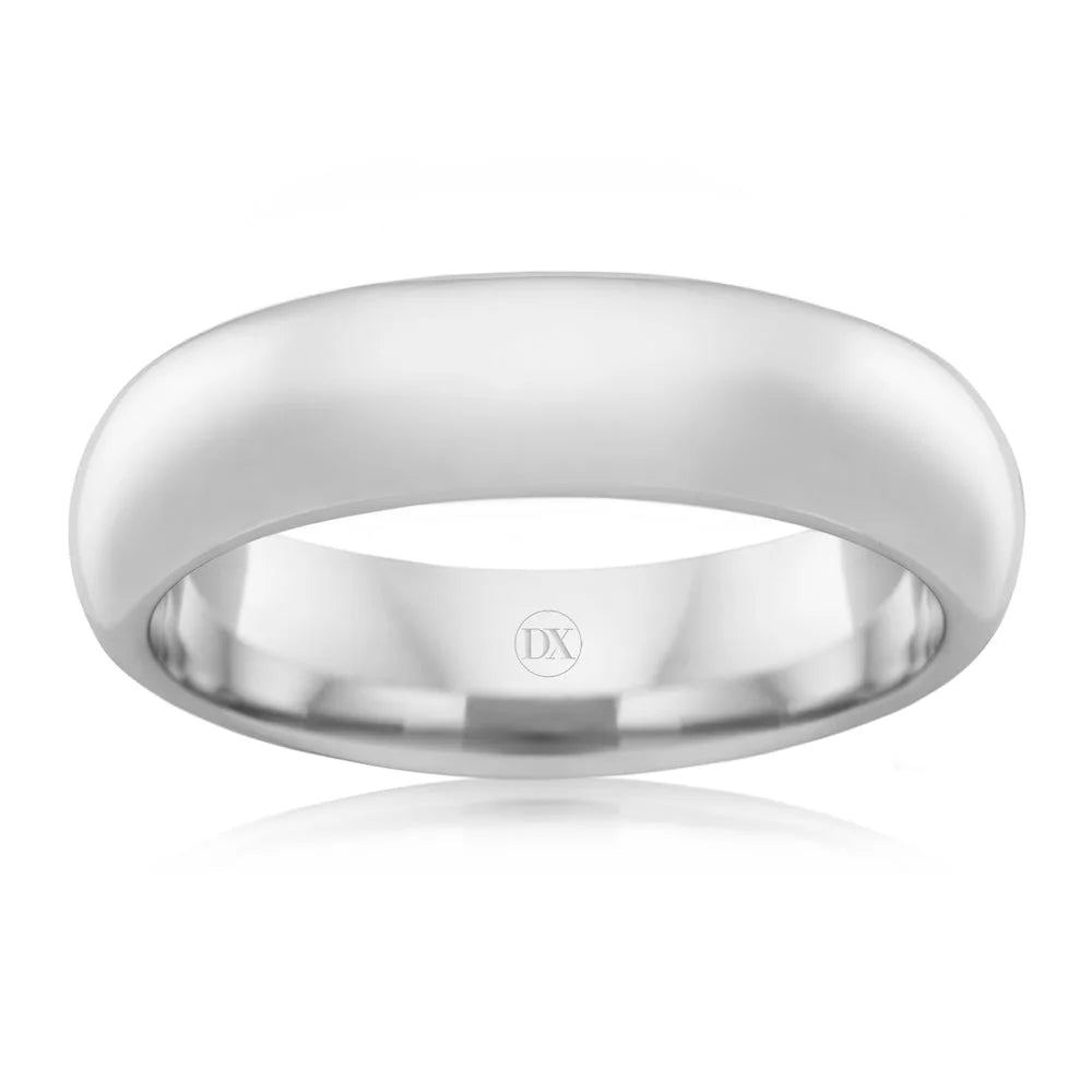 A simple, polished silver wedding band with a smooth, rounded surface on a white background.