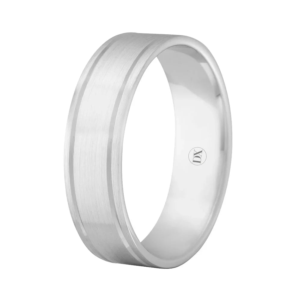 Brushed silver ring with polished edges and a simple, classic design on a plain white background.