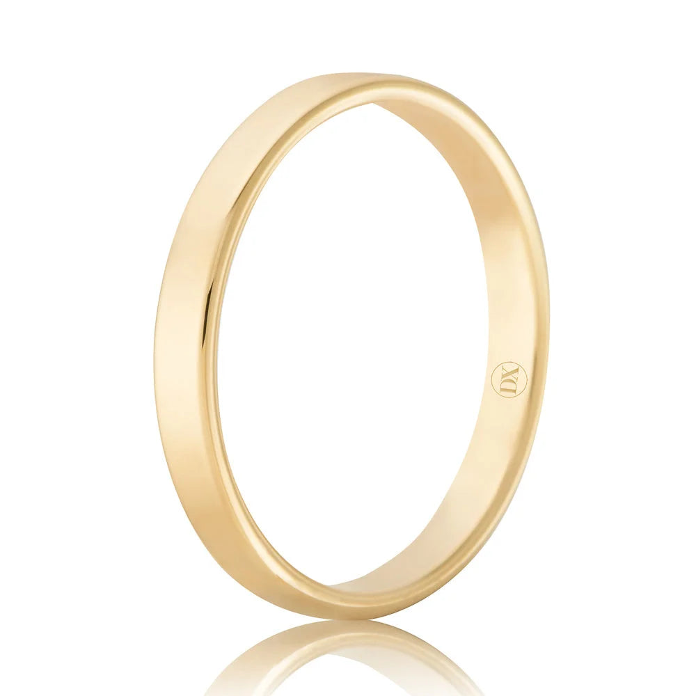 Simple, polished yellow gold band ring with a small engraved logo on the inner side, shown on a white background.