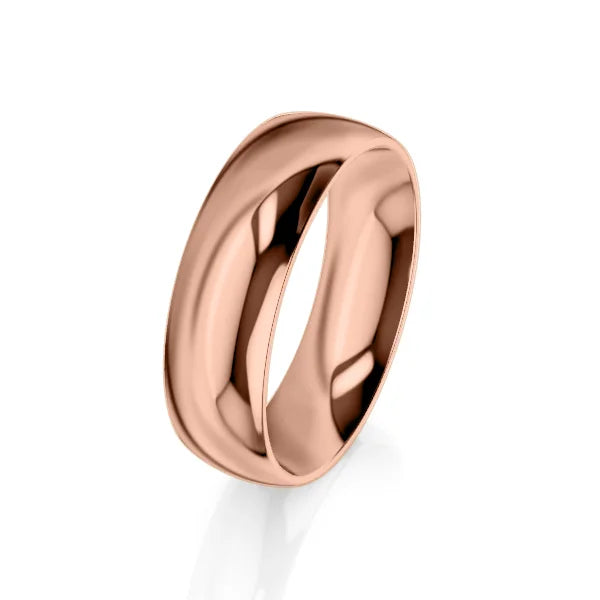 Shiny, wide rose gold ring with a smooth, curved surface shown on a plain white background.