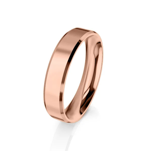 A plain, polished rose gold wedding band with a smooth, slightly rounded surface on a white background.