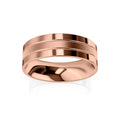 A shiny rose gold ring with two parallel grooves encircling the band, displayed on a white background.