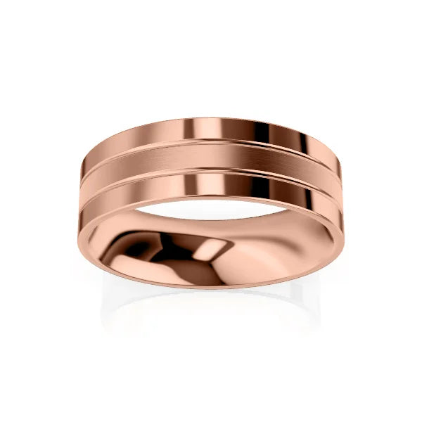 A shiny rose gold ring with two parallel grooves encircling the band, displayed on a white background.
