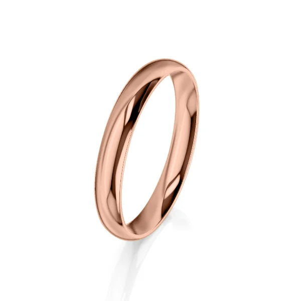 A plain, polished rose gold wedding band ring is shown on a white background.