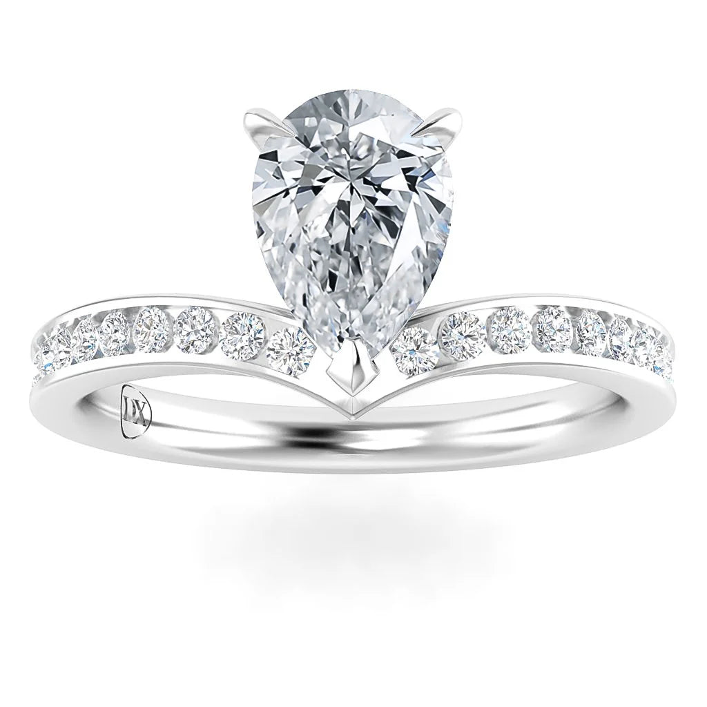 Pear-shaped diamond ring with a V-shaped band lined with small round diamonds set in white metal.