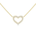 Gold necklace with a diamond-studded open heart pendant on a beaded chain, shown on a white background.