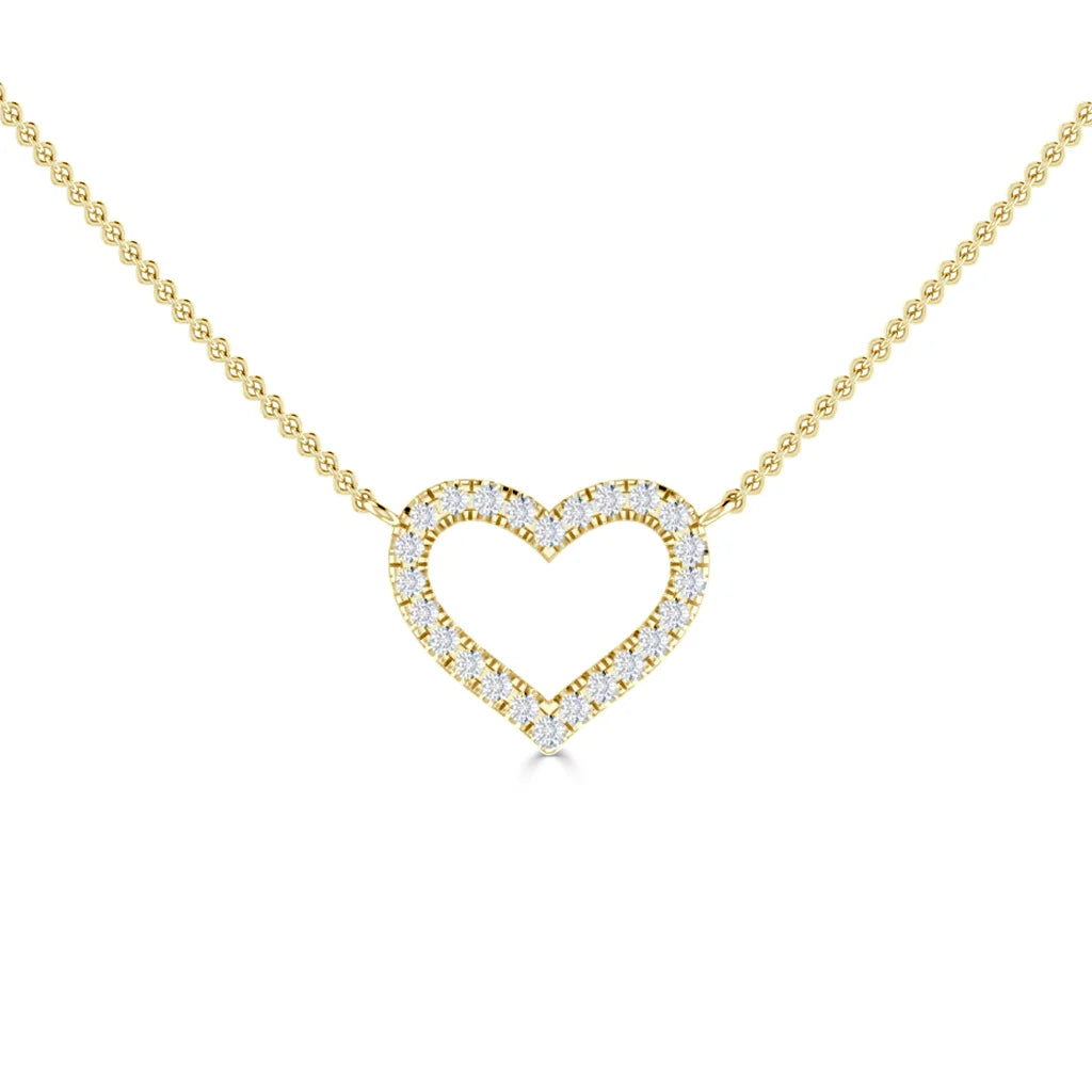 Gold necklace with a diamond-studded open heart pendant on a beaded chain, shown on a white background.