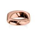 A shiny, wide rose gold ring with a smooth, reflective surface on a plain white background.