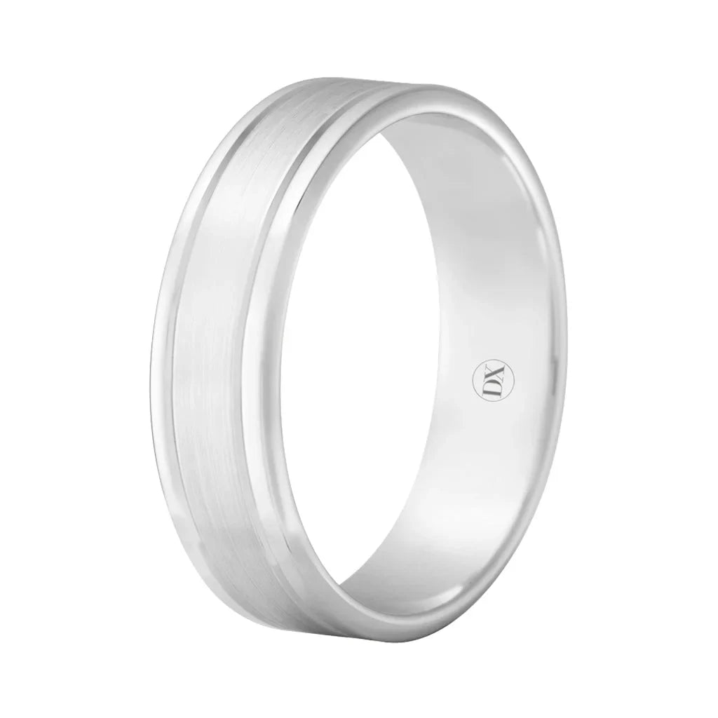 A plain silver wedding band with a brushed matte center and polished edges, shown on a white background.