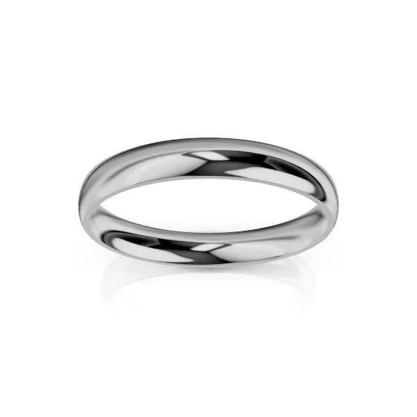 A plain, polished silver metal ring with a smooth, rounded surface on a white background.