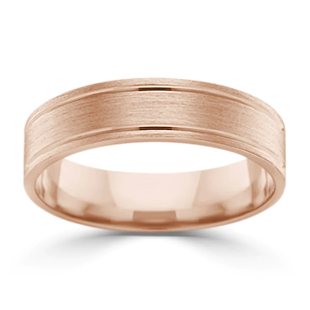 A brushed rose gold wedding band with a smooth inside and beveled edges, displayed on a white background.