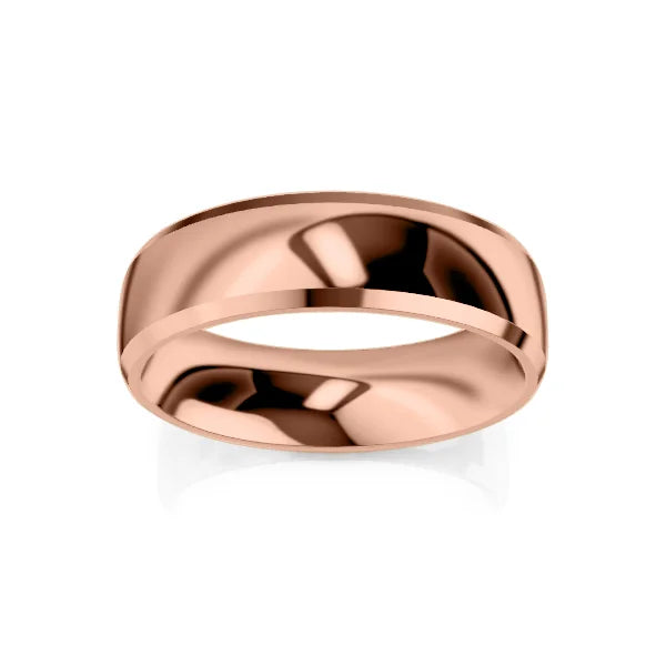 A shiny rose gold wedding band with a smooth, polished surface is centered on a white background.