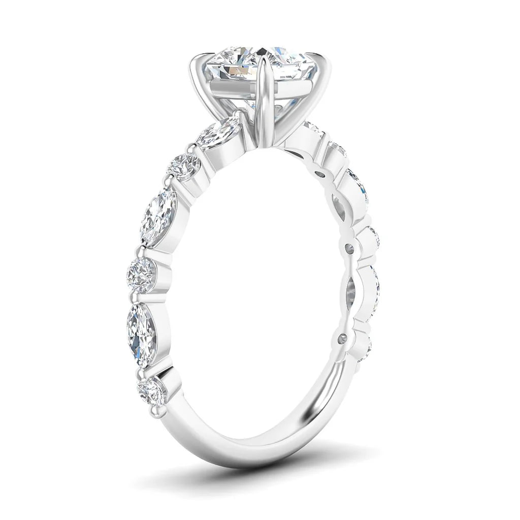 White gold ring with large solitaire diamond and smaller diamonds set along the band, shown from a side angle.