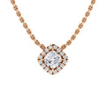 A rose gold chain necklace with a square diamond pendant surrounded by a halo of smaller diamonds.