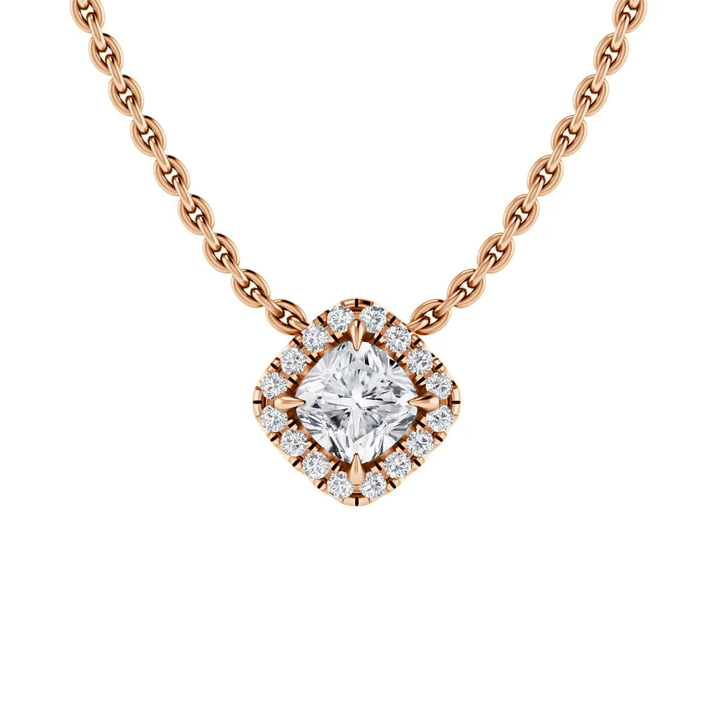 A rose gold chain necklace with a square diamond pendant surrounded by a halo of smaller diamonds.