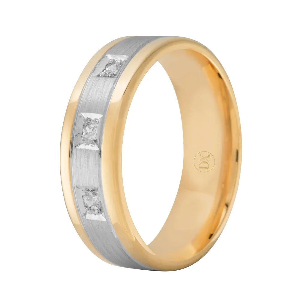 A gold ring with a brushed silver band and three square-cut diamonds set evenly along the center.